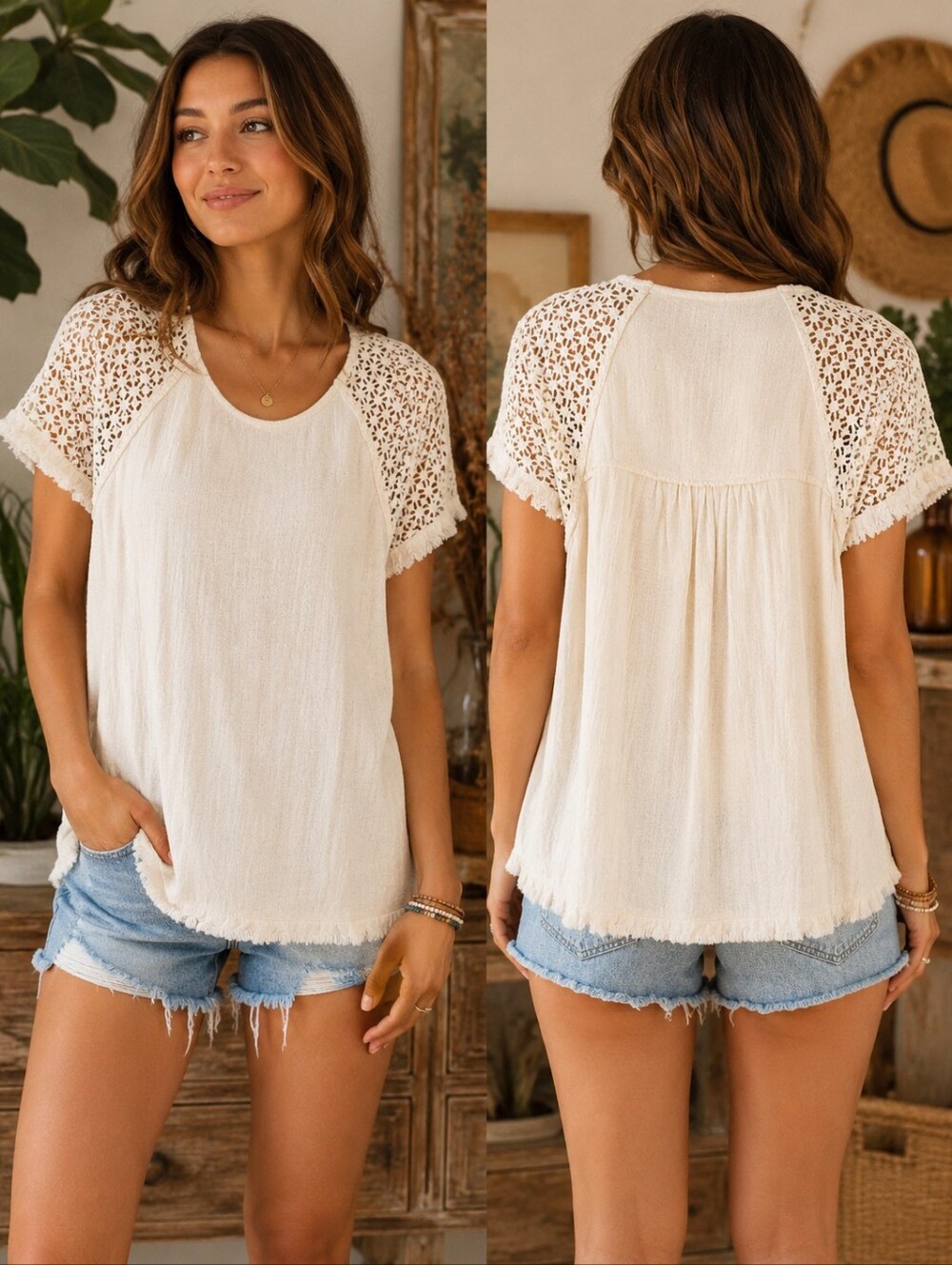 Umgee Cream Boho Crochet Sleeve Textured Top Relaxed‎ Cottagecore Size Small